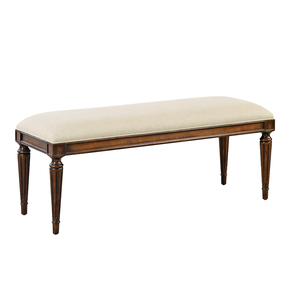 Fairfield Bench, shown in beige and medium brown with hardwood, woven fabric, and backless armless seating.