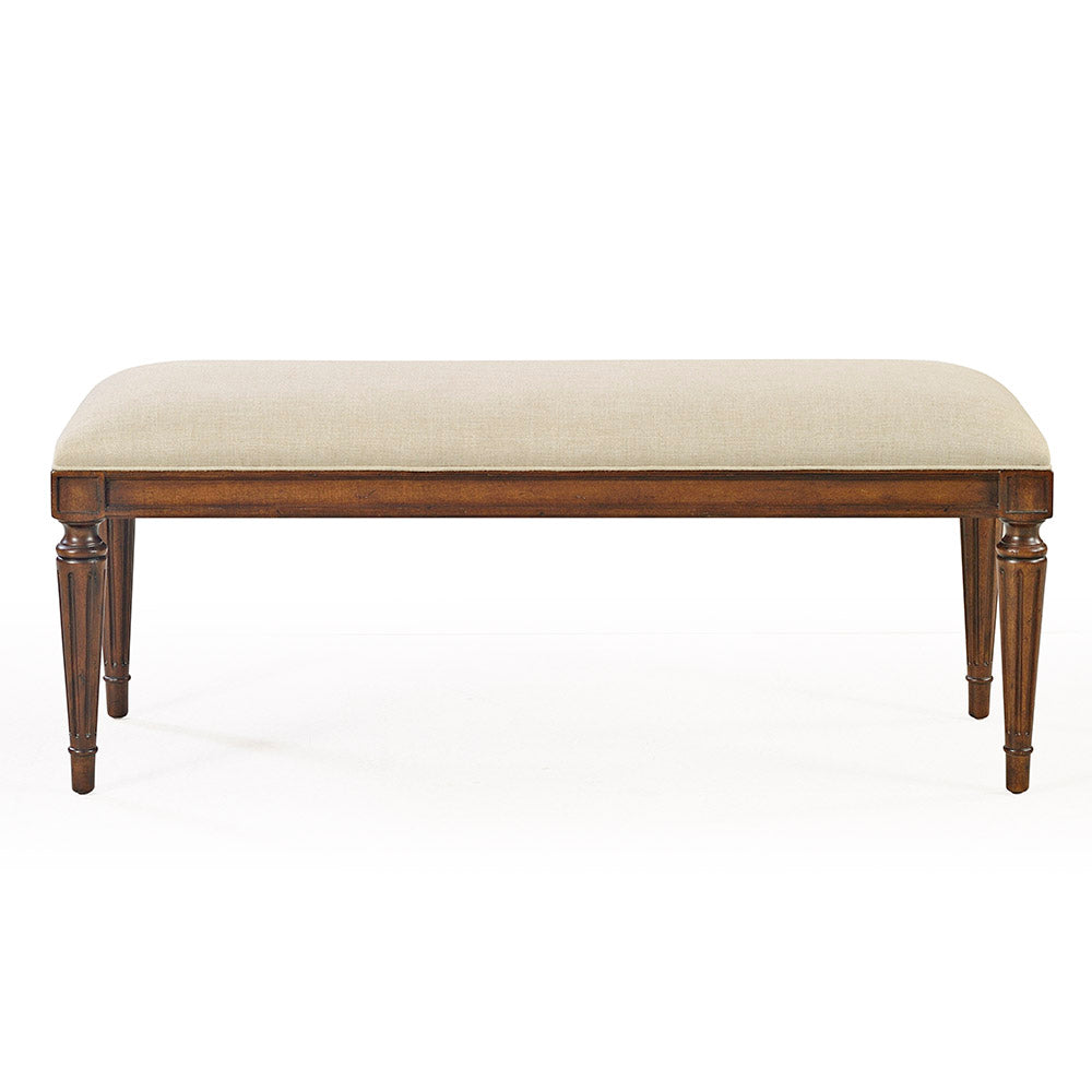 Alternate view of Fairfield Bench, featuring stained wood finish, hardwood, woven fabric, and backless armless seating.
