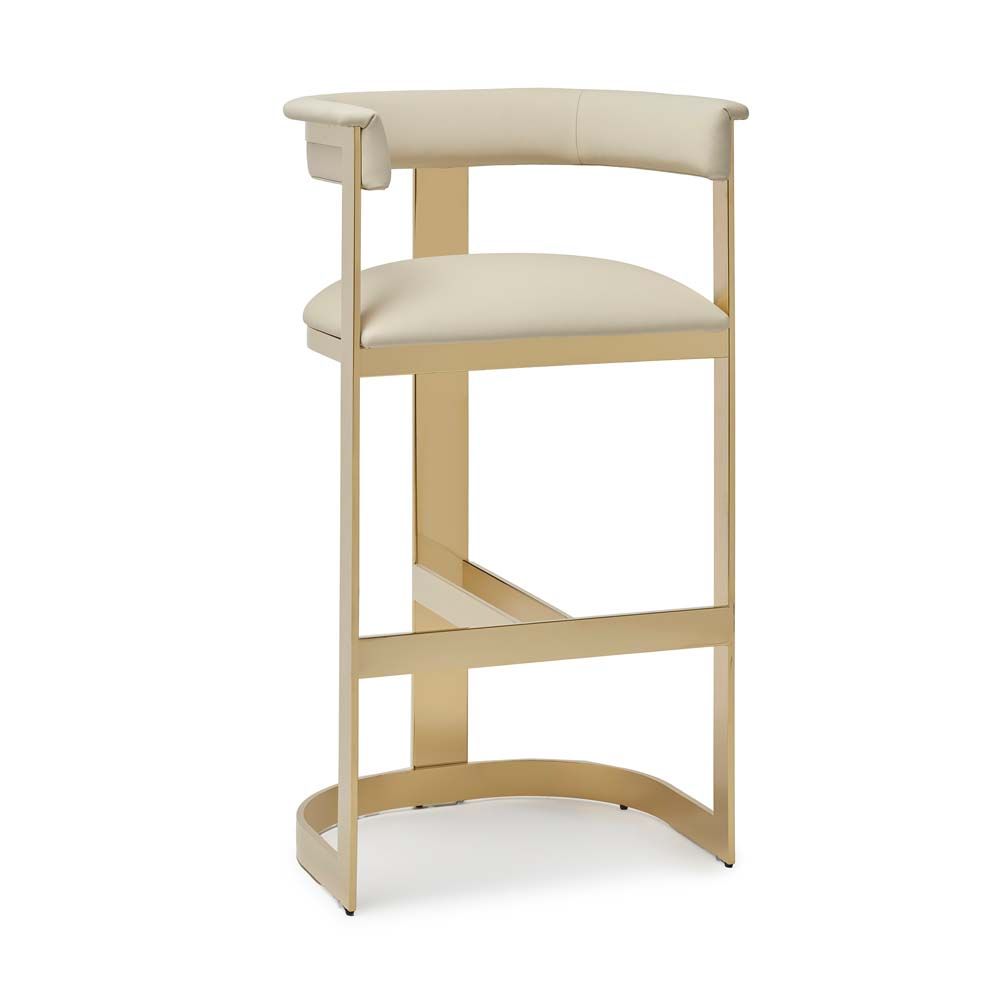 Darcy II Stool, shown in gold and cream with metal, leather, and integrated footrest.