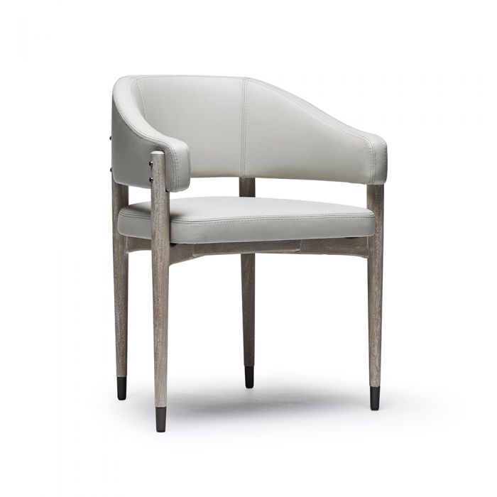 Cheshire Dining Chair, shown in light gray and weathered gray with leather, wood, and fixed wraparound arms.