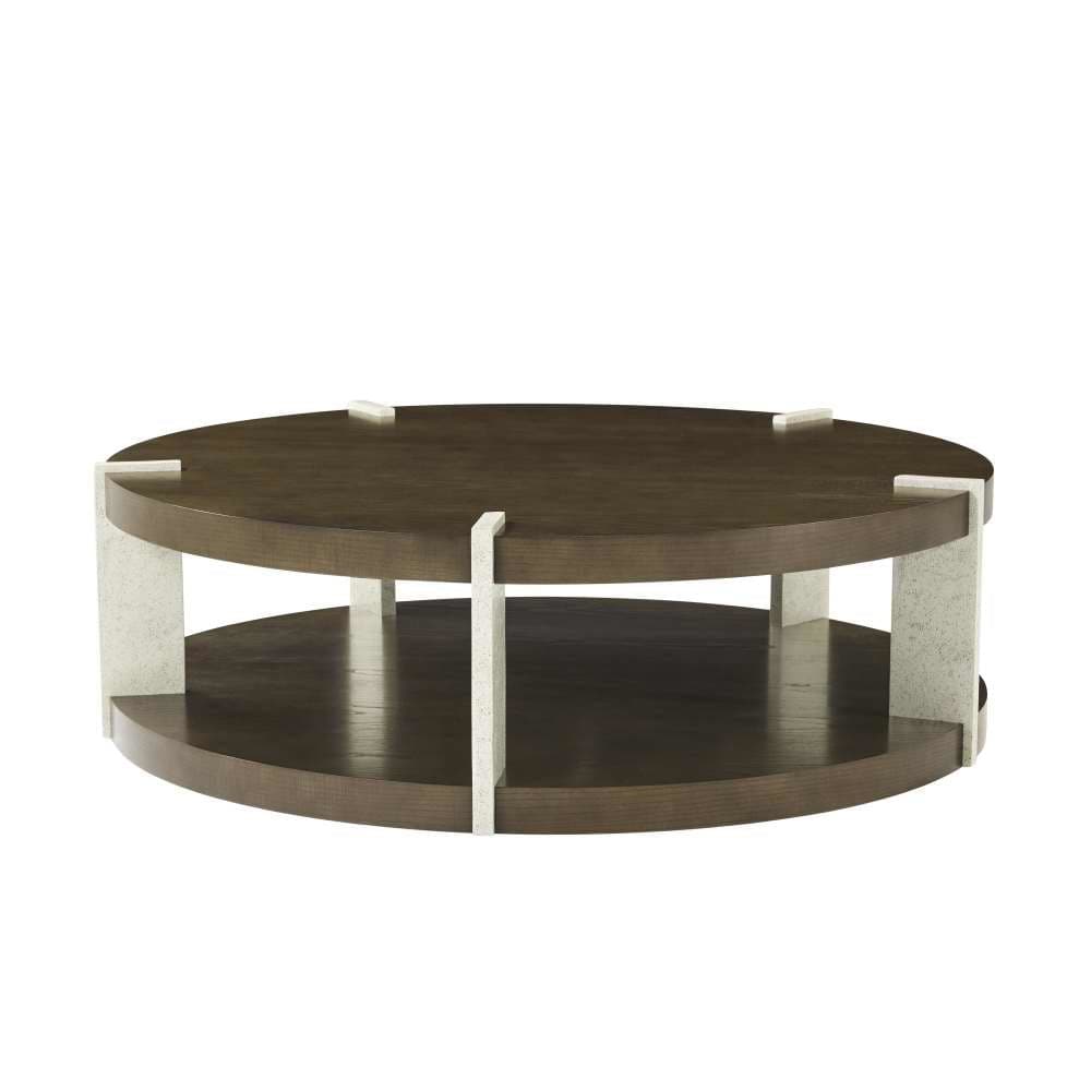 Alternate view of Catalina Round Cocktai Table in light oak beige and dark espresso brown.