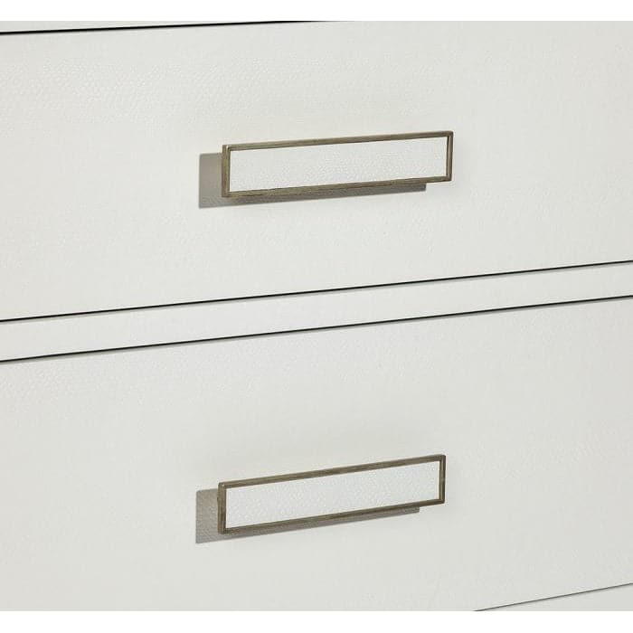 Alternate view of Portia Bedside Chest, featuring matte painted finish, wood, metal, and three full-width drawers.