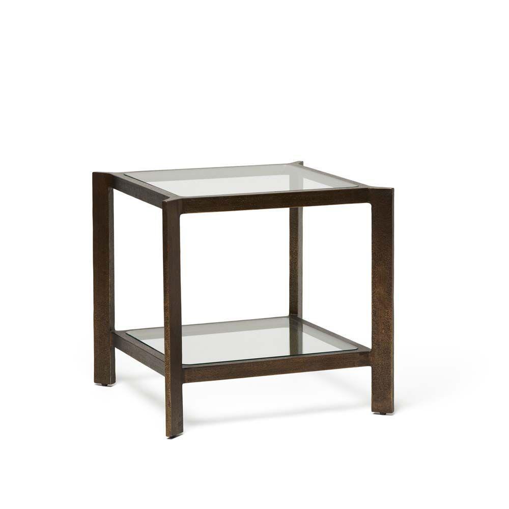 Alternate view of Linley Side Table, featuring metal, glass, and two-tier glass shelving.