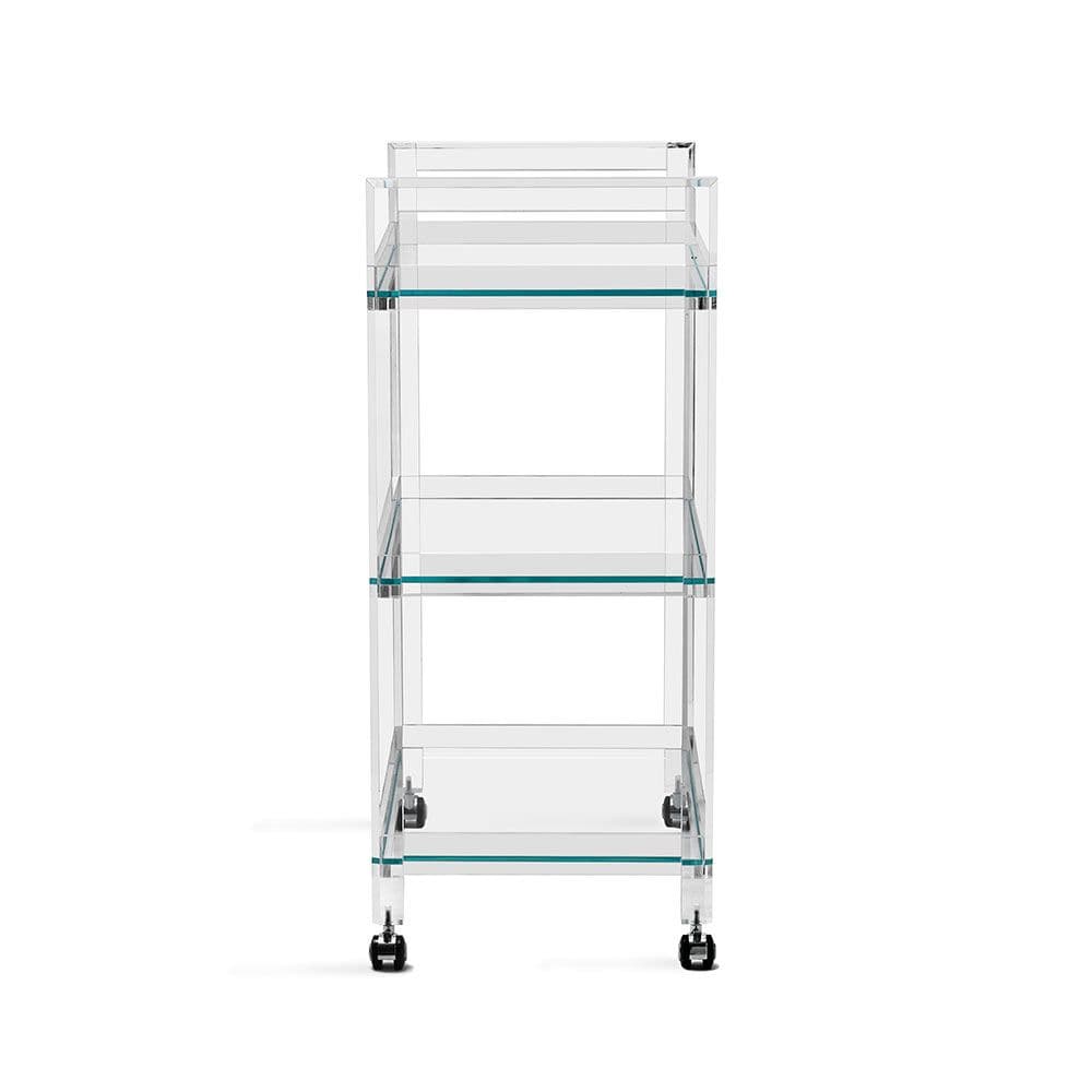 Additional view of Ava Bar Cart in clear and transparent, featuring polished finish and casters for mobility.