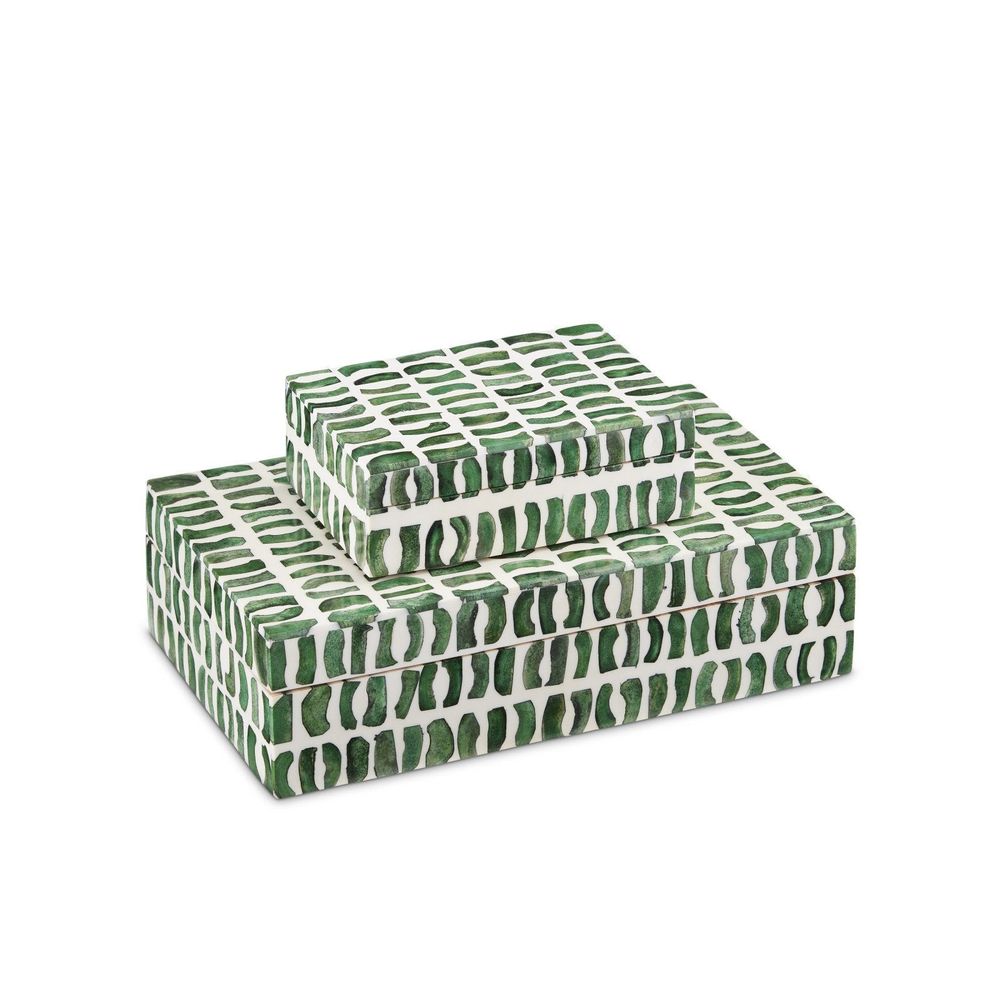 Emerald Box Set of 2, shown in green and white with bone, wood, and lidded storage compartments.