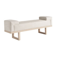 Abbott Bench, shown in ivory and warm beige with woven upholstery fabric, solid wood, and fixed bolster end arms.