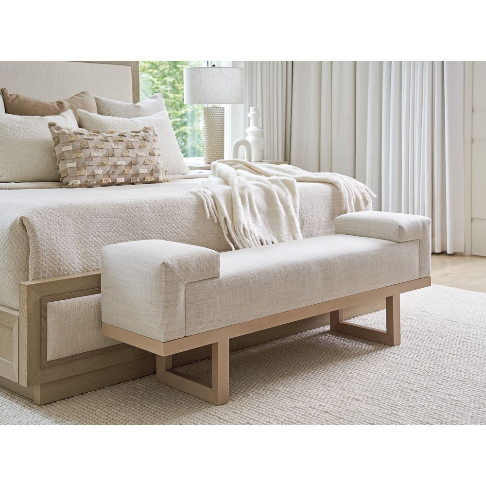 Alternate view of Abbott Bench, featuring woven upholstery fabric, solid wood, and fixed bolster end arms.