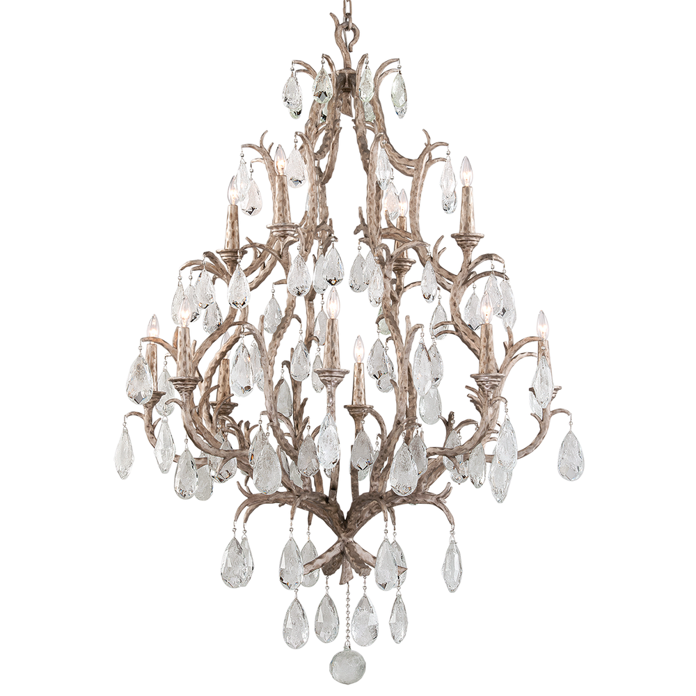 Amadeus Chandelier, shown in taupe and champagne with metal, crystal, and ceiling-hung suspension.