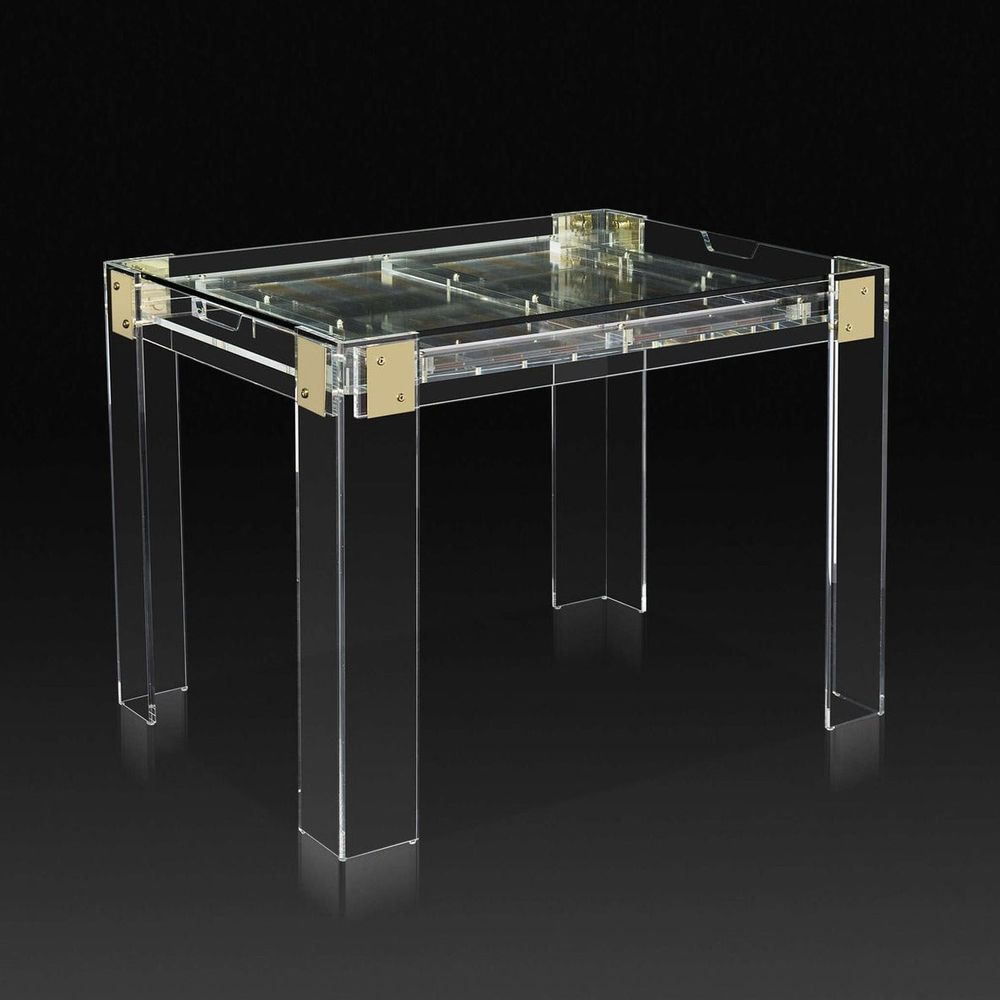 Alternate view of Pierre Acrylic Backgammon Table in clear and brass gold.