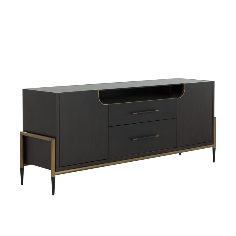 Alternate view of Weldrick Sideboard, featuring antique brass finish, wood, acacia veneer, and flanking cabinet doors.