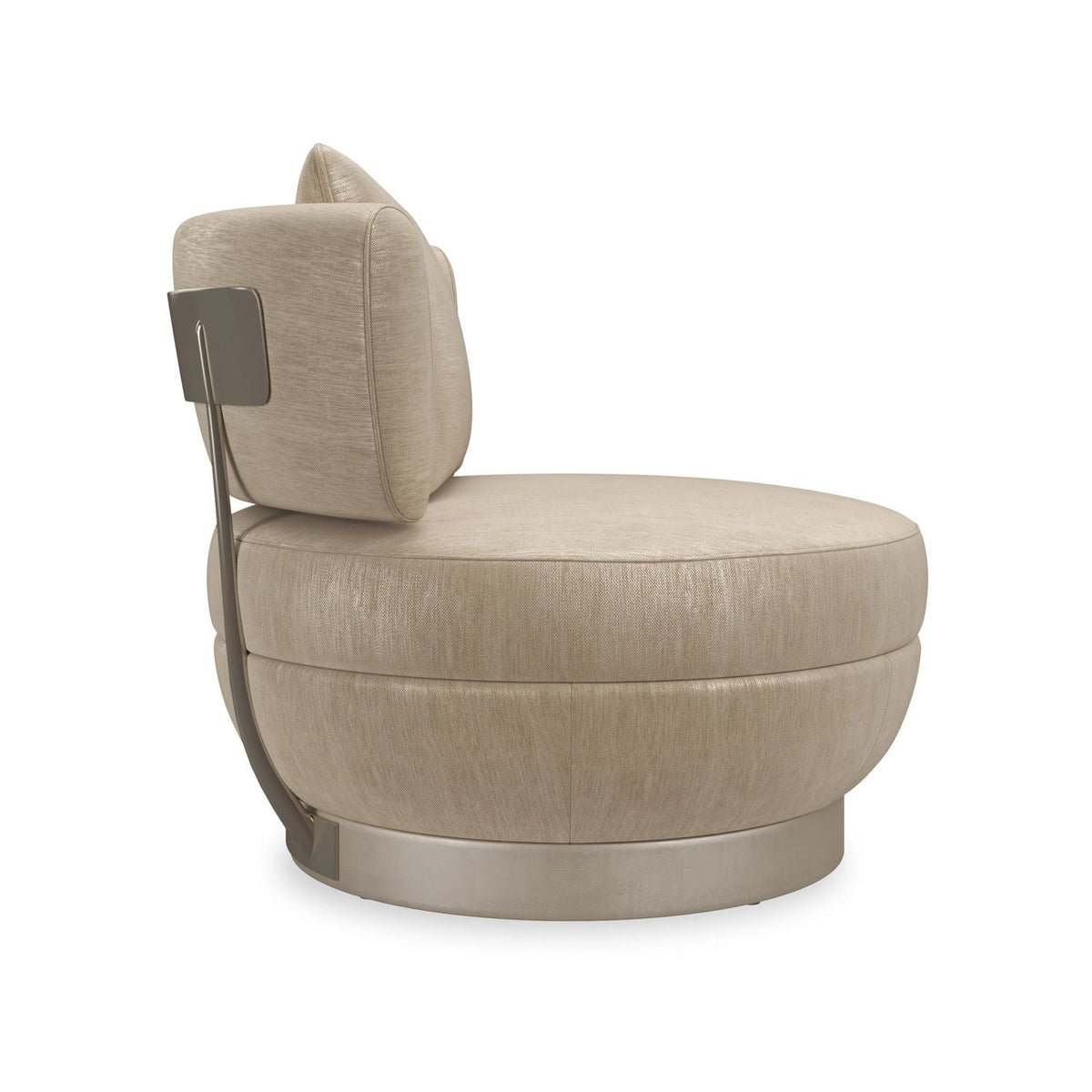 Additional view of Celeste Lounge Chair in beige and taupe, featuring textured woven upholstery and a swivel base.