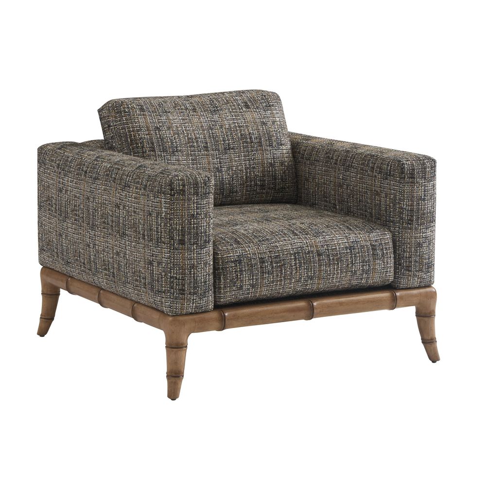 Star Island Chair, shown in charcoal gray and warm taupe with woven upholstery fabric, wood, and fixed wide track arms.