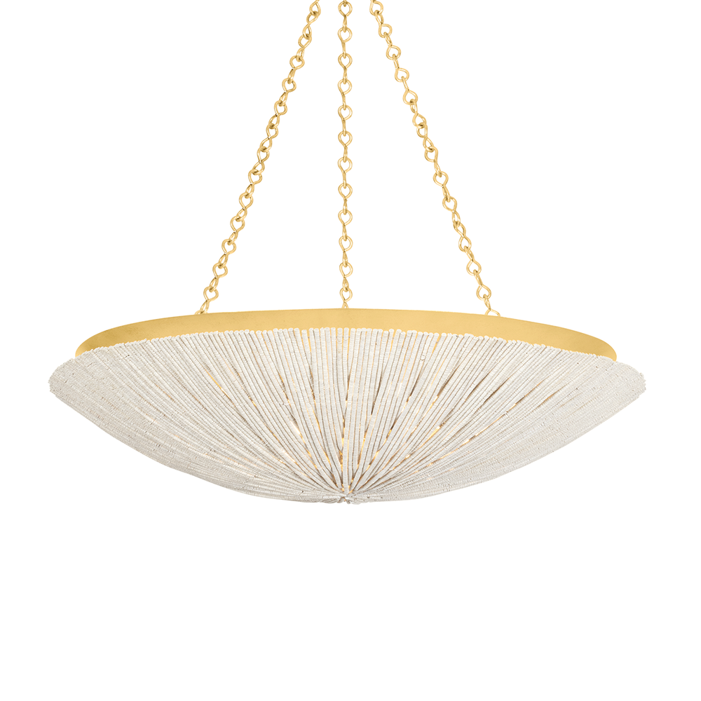 Summerside Pendant, shown in ivory and cream with woven fiber, metal chain, and chain-hung pendant suspension.