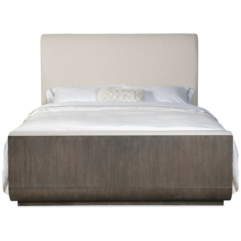 Modern Mood Cal King Upholstered Panel Bed, shown in beige and gray-brown with wood and upholstery fabric.
