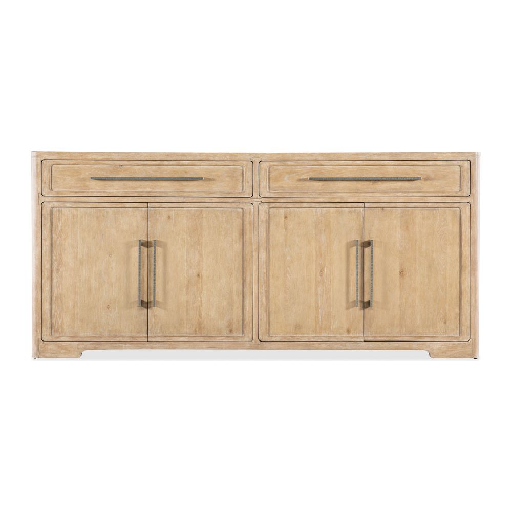 Retreat Buffet, shown in light natural wood and warm beige with wood, metal, and two top drawers.