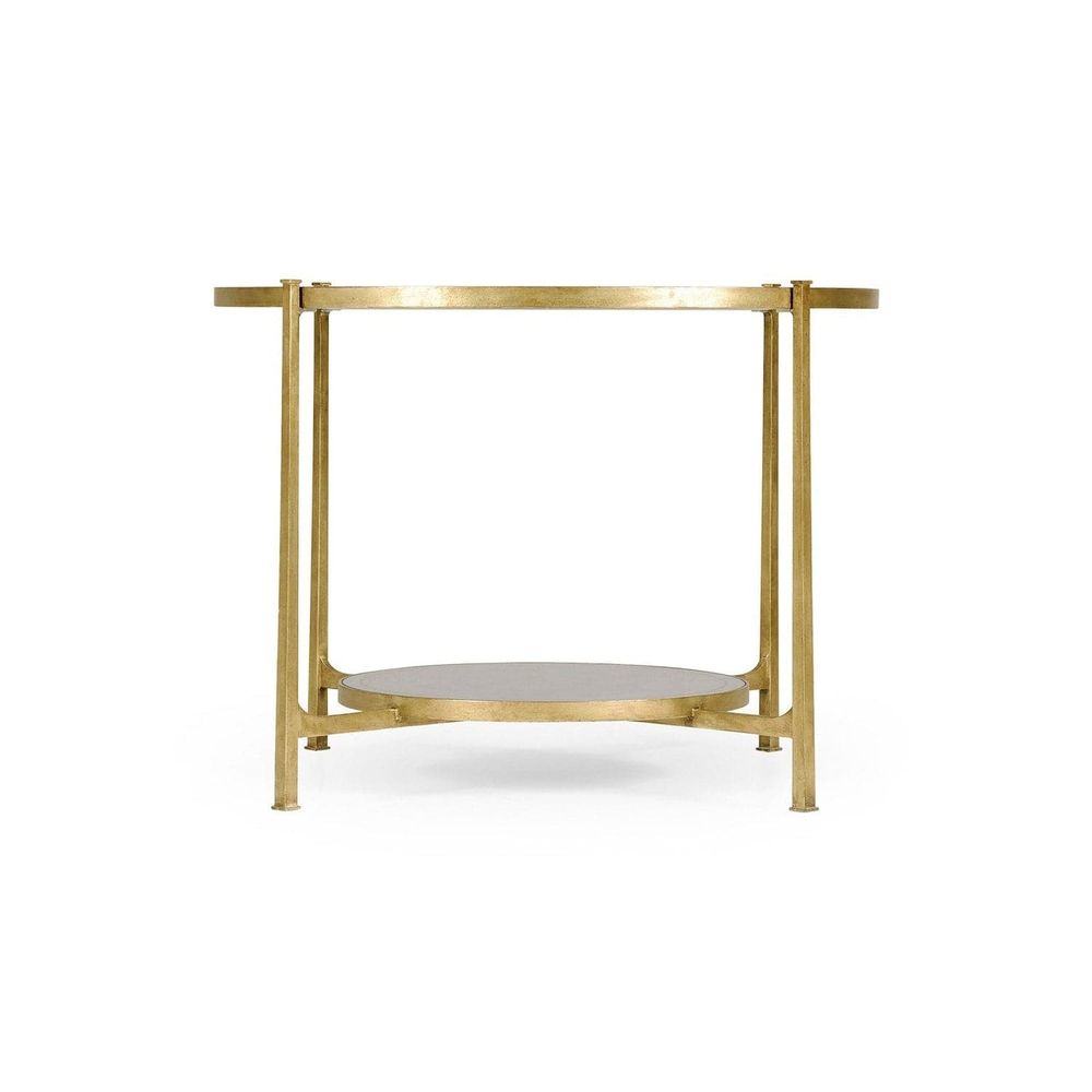 Alternate view of Églomisé Iron Centre Table, featuring distressed metallic, iron, glass, and two-tier circular surfaces.