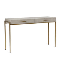 Morand Console/ Desk, shown in taupe and antique brass with faux shagreen, brass-plated metal, and two integrated drawers.