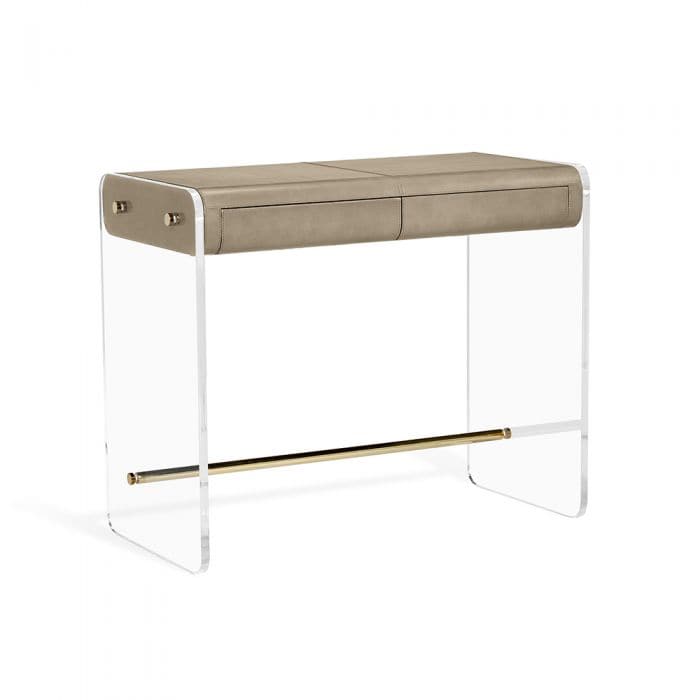 Cora Small Desk, shown in taupe and clear with leather, acrylic, and two front drawers with round knobs.