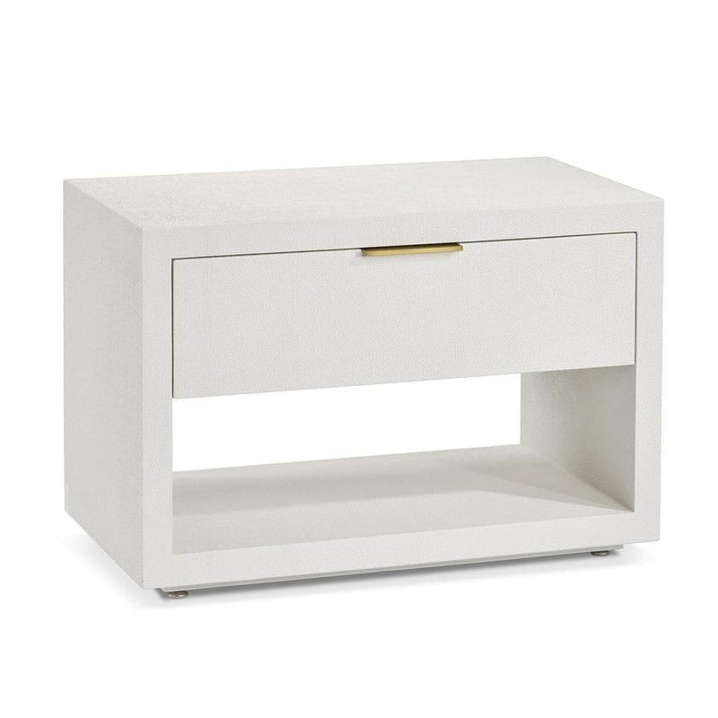 Alternate view of Montaigne Bedside Chest in ivory and off-white with rectangular boxy chest with open lower void.