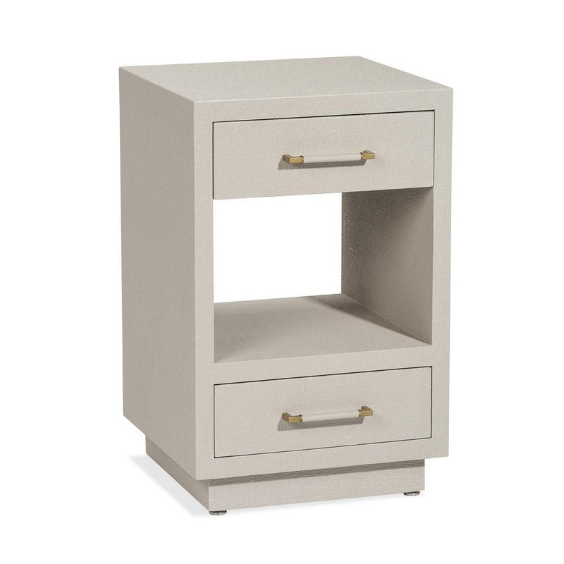 Taylor Small Bedside Chest, shown in cream and off-white with faux shagreen, wood, and two drawers.