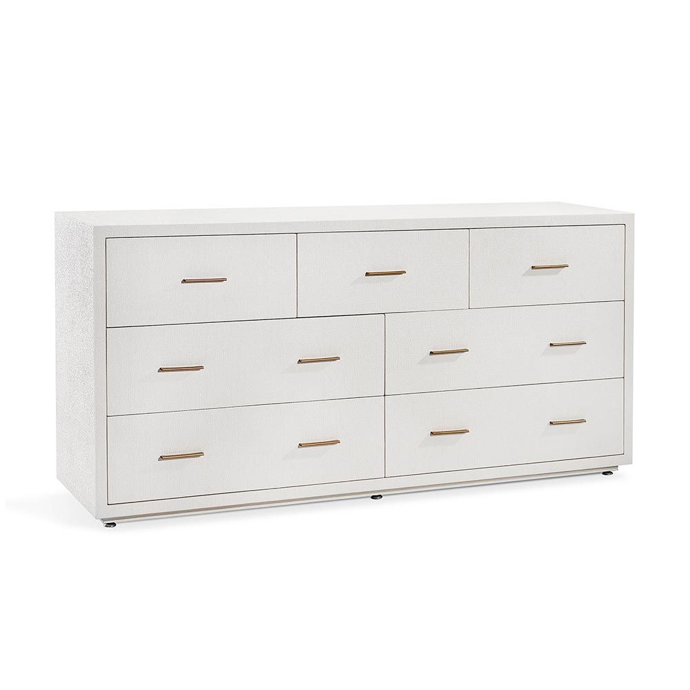 Alternate view of Livia 7 Drawer Chest in white and off-white with low wide rectangular chest with asymmetric drawer grid.