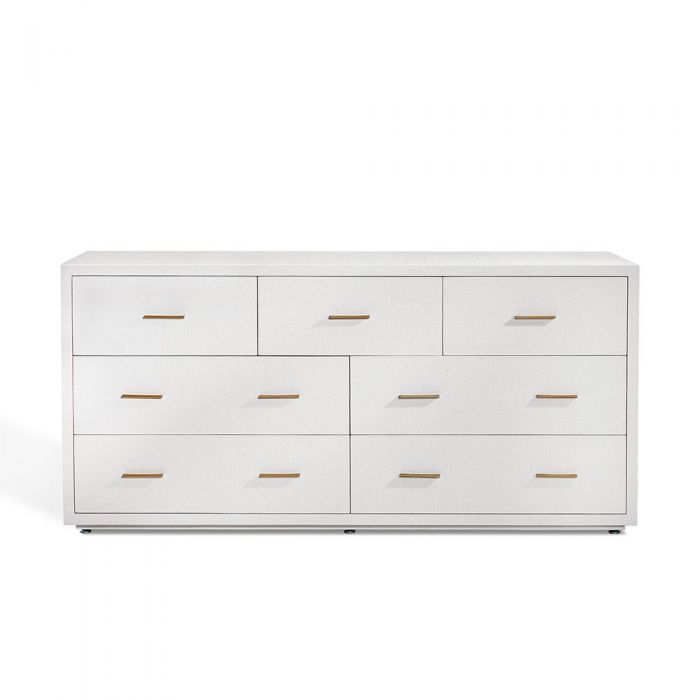 Livia 7 Drawer Chest, shown in white and off-white with fabric-wrapped wood, wood, and seven drawers of mixed widths.