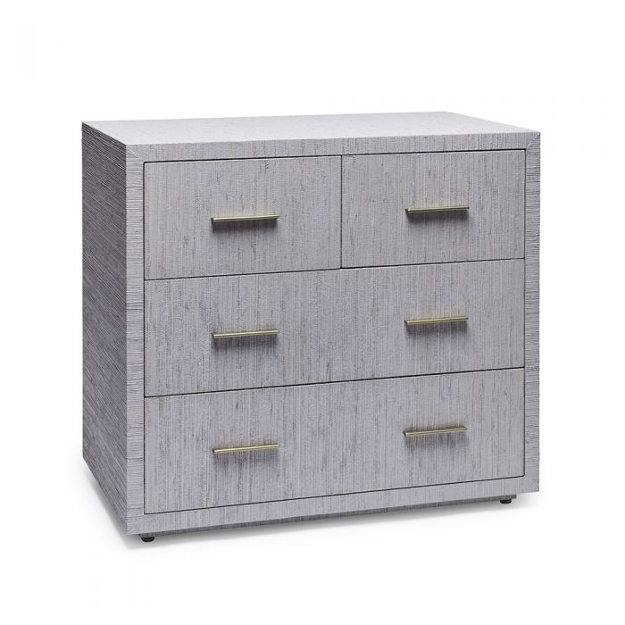 Livia Occasional Chest, shown in light gray and natural blonde with wood and grasscloth or textured veneer.