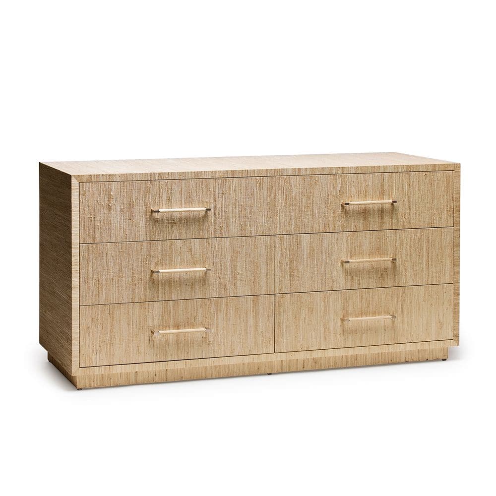 Taylor 6 Drawer Chest, shown in beige and light grey with raffia, wood, and six storage drawers.
