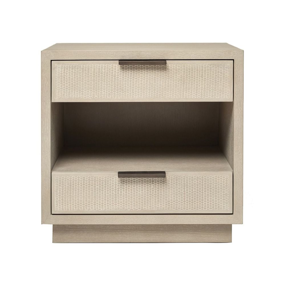 Holmes Bedside, shown in light beige and warm taupe with wood and woven cane or rattan.