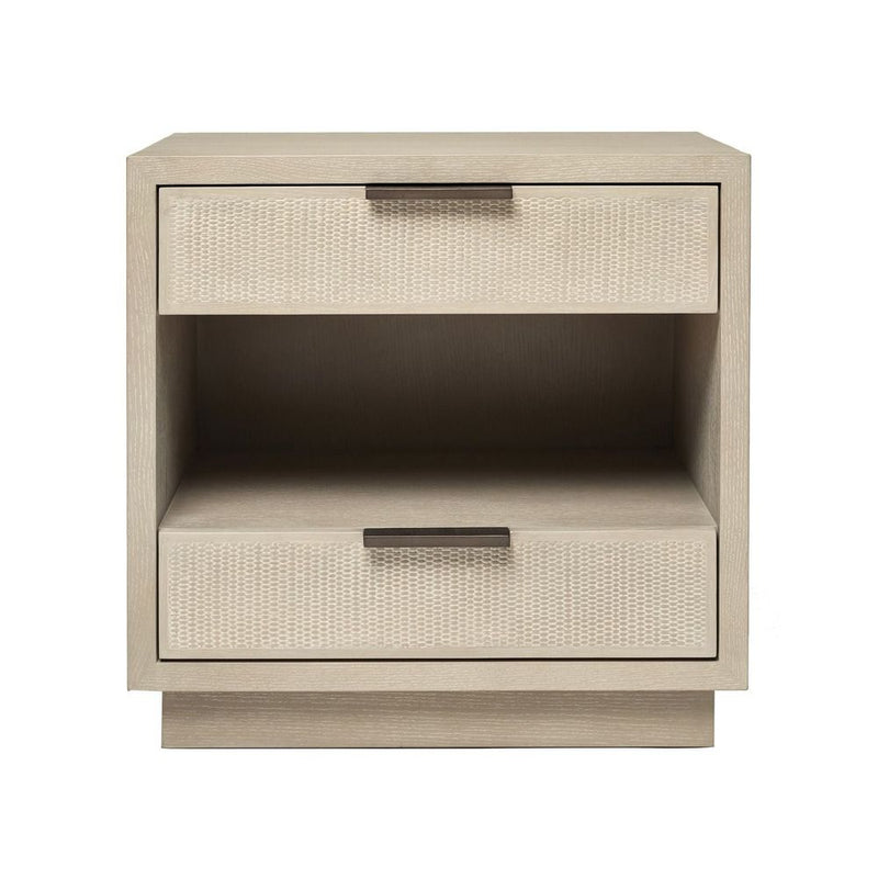 Holmes Bedside, shown in light beige and warm taupe with wood and woven cane or rattan.