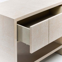 Alternate view of Lowell Bedside Chest, featuring cerused finish, wood, and three drawers.