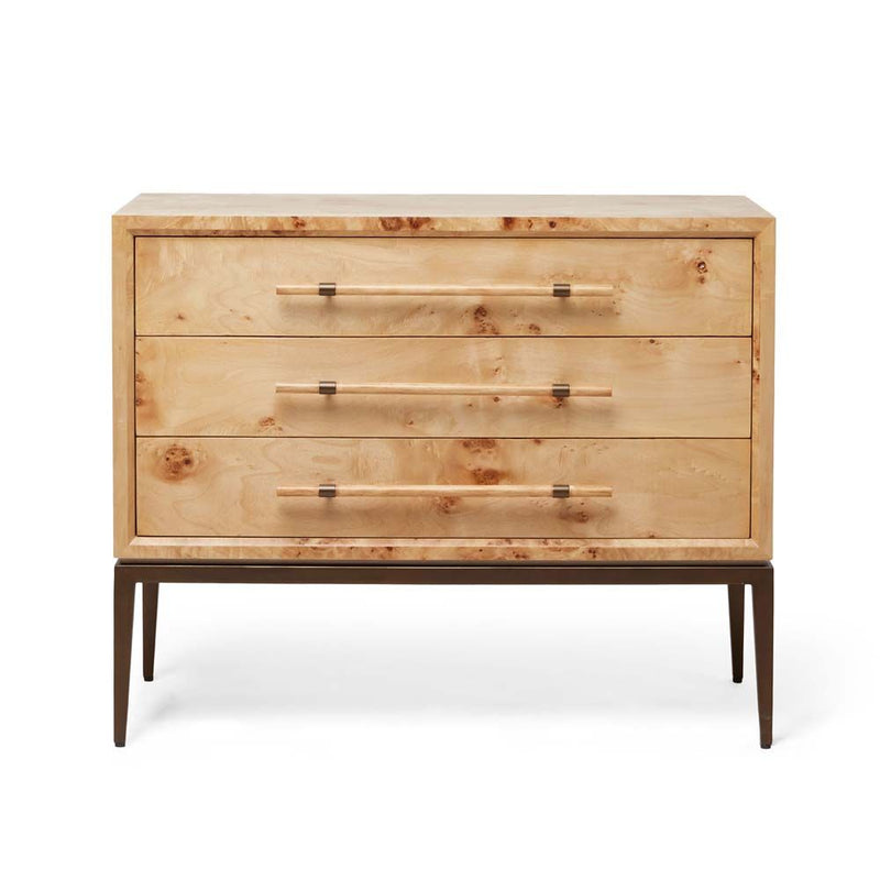 Burton 3 Drawer Bedside, shown in light natural burl wood and cream with burl wood veneer and wood.