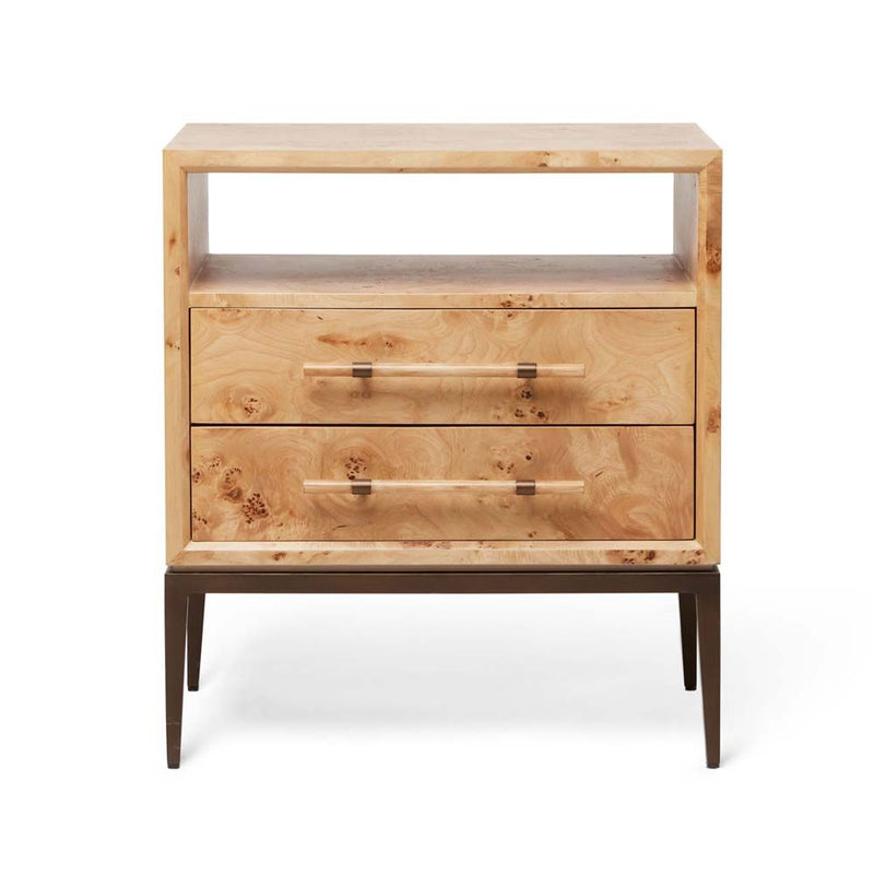 Burton Bedside Chest, shown in light natural wood / blonde burl with burl wood veneer, metal, and two full-width drawers.