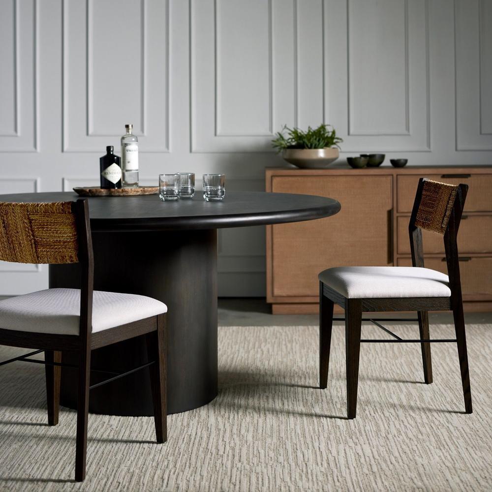 Alternate view of Holmes Credenza, featuring matte metal pulls, oak wood, woven cane, and two full-height side cabinet doors.