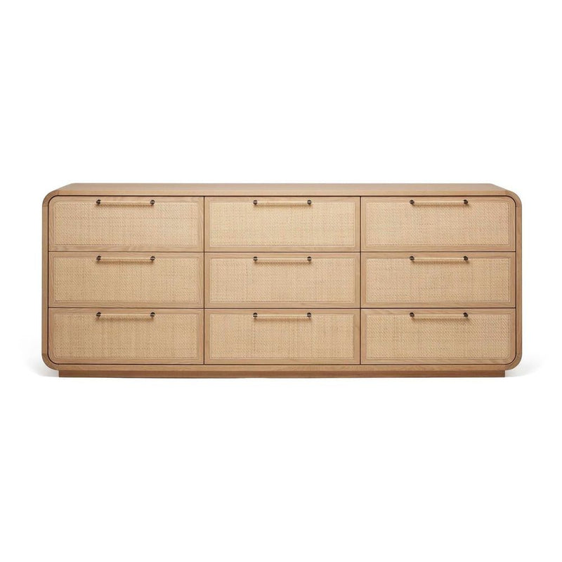 Marsh Drawer Chest, shown in light natural wood and beige cane with wood, cane webbing, and nine-drawer storage grid.