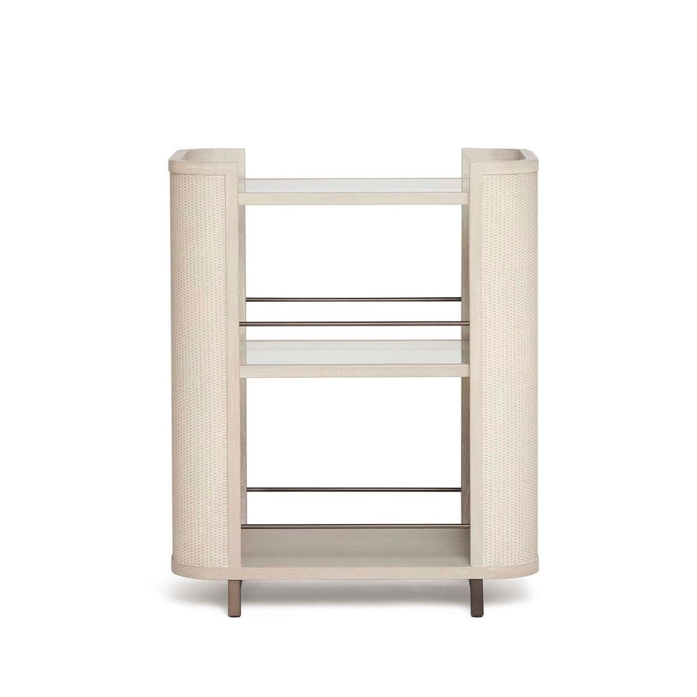 Holmes Bar Cart, shown in light beige and warm taupe with woven cane or rattan, wood, and open multi-tier shelving.