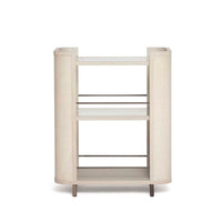 Holmes Bar Cart, shown in light beige and warm taupe with woven cane or rattan, wood, and open multi-tier shelving.