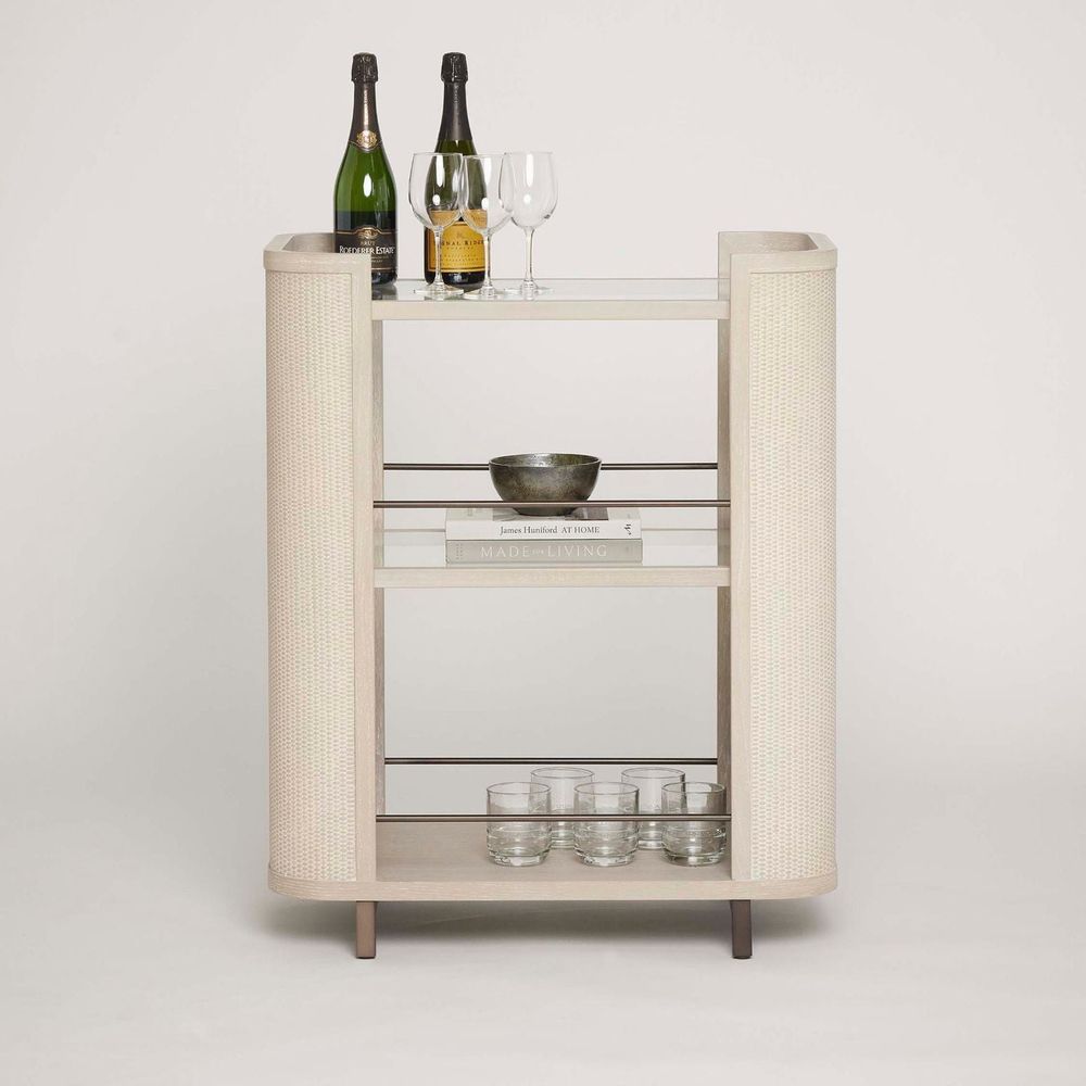 Alternate view of Holmes Bar Cart, featuring frosted glass finish, woven cane or rattan, wood, and open multi-tier shelving.