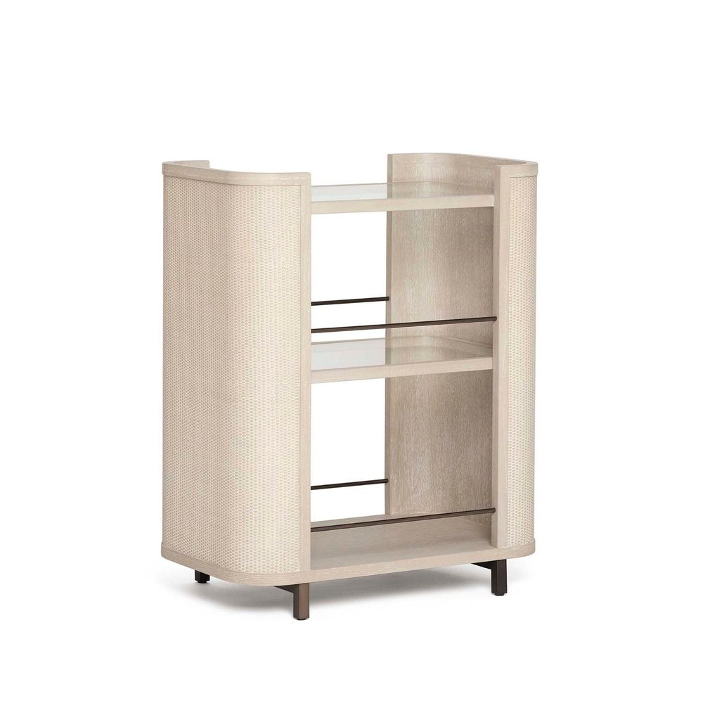 Additional view of Holmes Bar Cart, featuring frosted glass finish, woven cane or rattan, wood, and open multi-tier shelving.