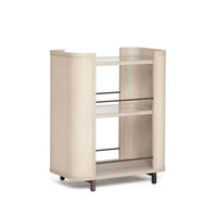 Additional view of Holmes Bar Cart, featuring frosted glass finish, woven cane or rattan, wood, and open multi-tier shelving.