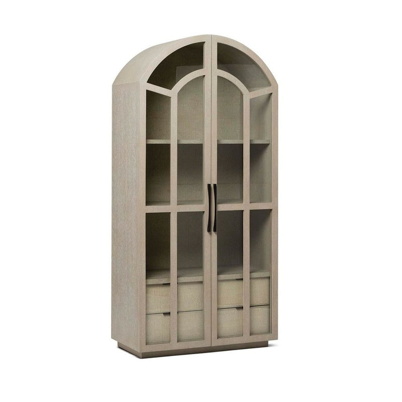 Alternate view of Claudine Glass Door Cabinet, featuring light-washed finish, wood, glass, and dual glass-and-cane doors.