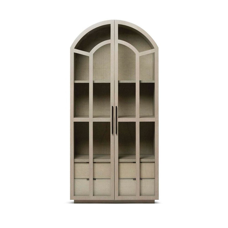 Claudine Glass Door Cabinet, shown in greige and beige with wood, glass, and dual glass-and-cane doors.