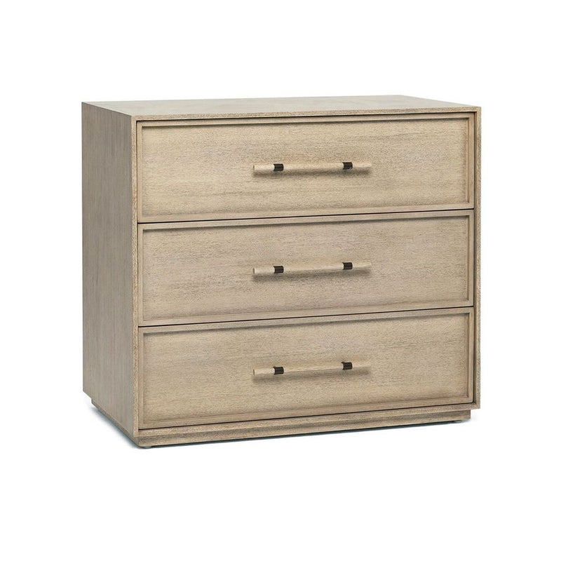 Alternate view of Clement Drawer Chest, featuring wire-brushed finish, wood, metal, and three storage drawers.