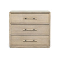 Clement Drawer Chest, shown in beige and tan with wood, metal, and three storage drawers.