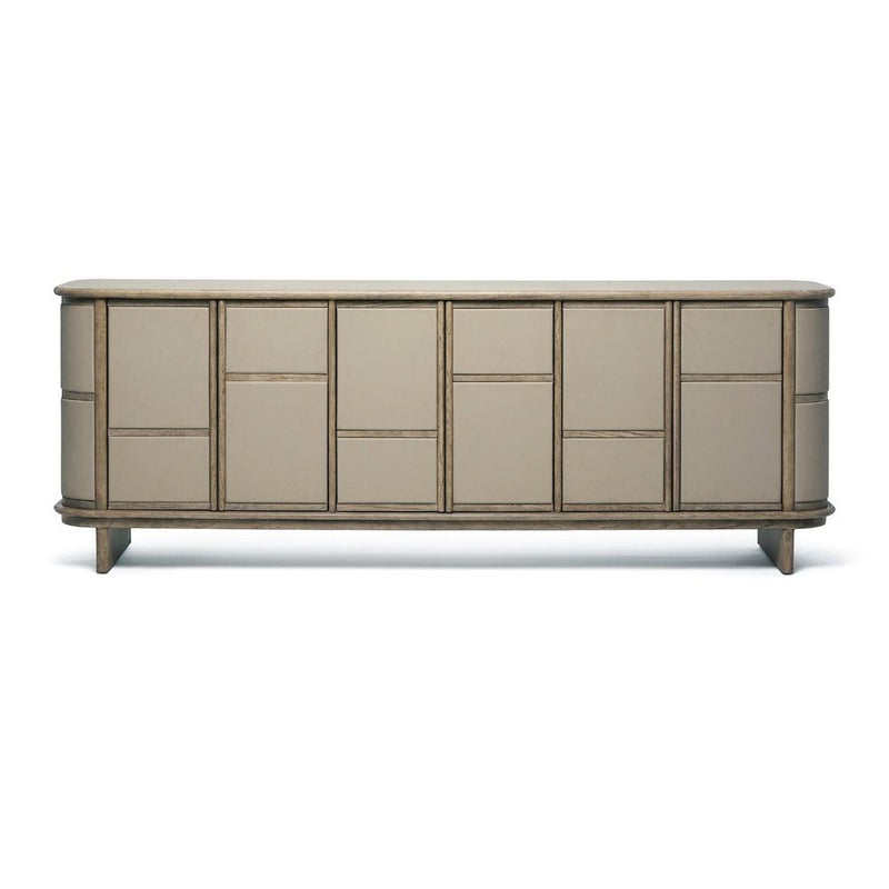 Guilford Credenza, shown in taupe and beige with wood, leather, and integrated multi-compartment storage.