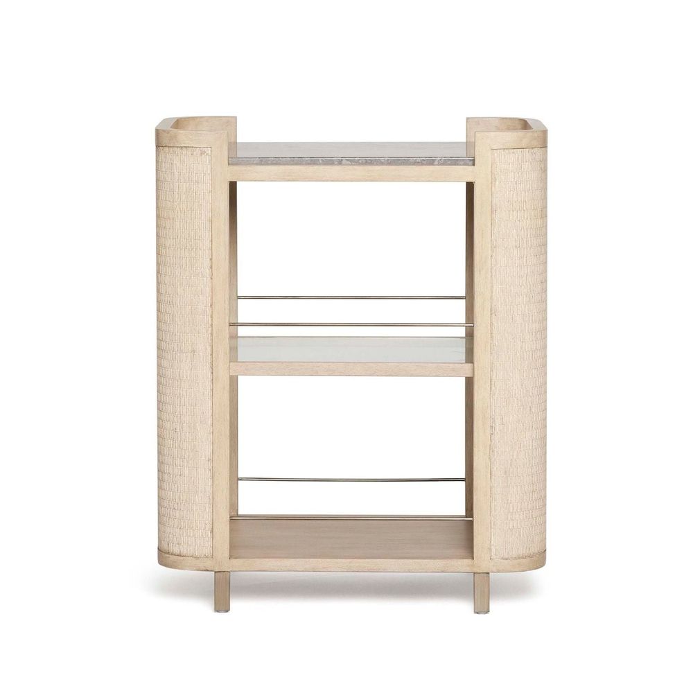 Harperly Bar Cart, shown in light natural wood and beige with wood, woven cane or rattan, and fixed open shelving.