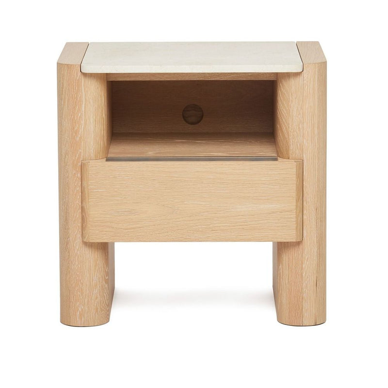 Arden Bedside Chest, shown in light natural oak and ivory cream with oak wood, stone, and open cubby shelf.