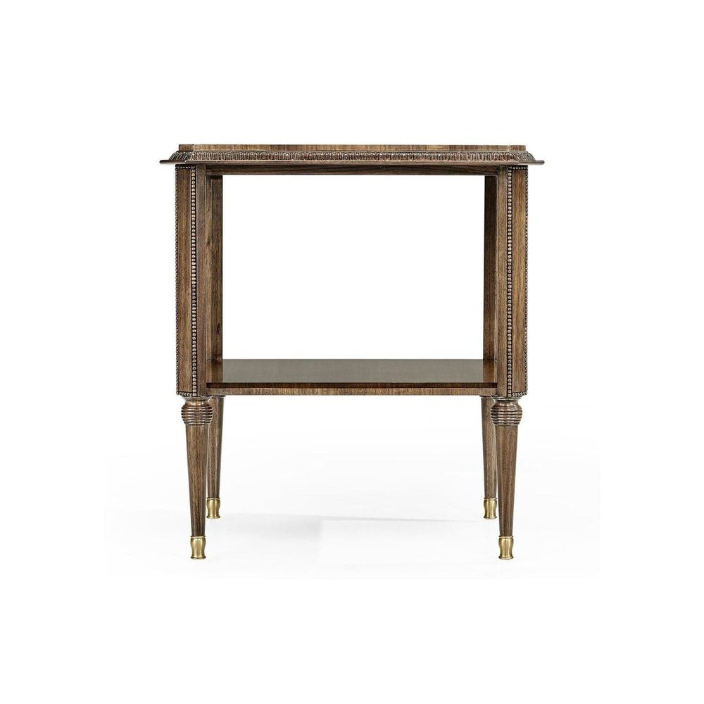 Alternate view of Berkley Square Side Table, featuring satin sheen finish, wood, brass, and integrated lower shelf.