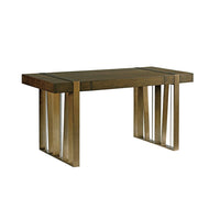 Intersect Writing Desk, shown in dark walnut brown and antique brass with wood and metal.