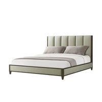 Additional view of Lido Bed II in light sage green and dark espresso brown, featuring a upholstered platform base.